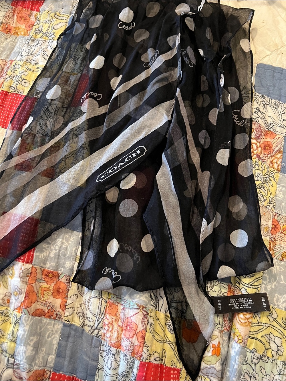 Coach black silk sheer oblong scarf 62” x 8”